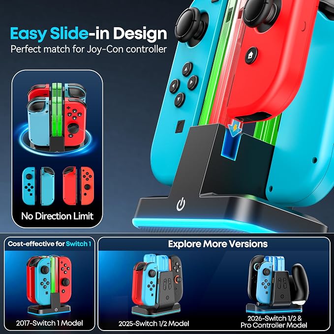 Switch Joycon Charger for SW 1 Model with 9 RGB Light Modes, Switch Controller Charger Stand with LED Indicators, SW Charging Dock Station for 4 Joycon Charging - Image 3