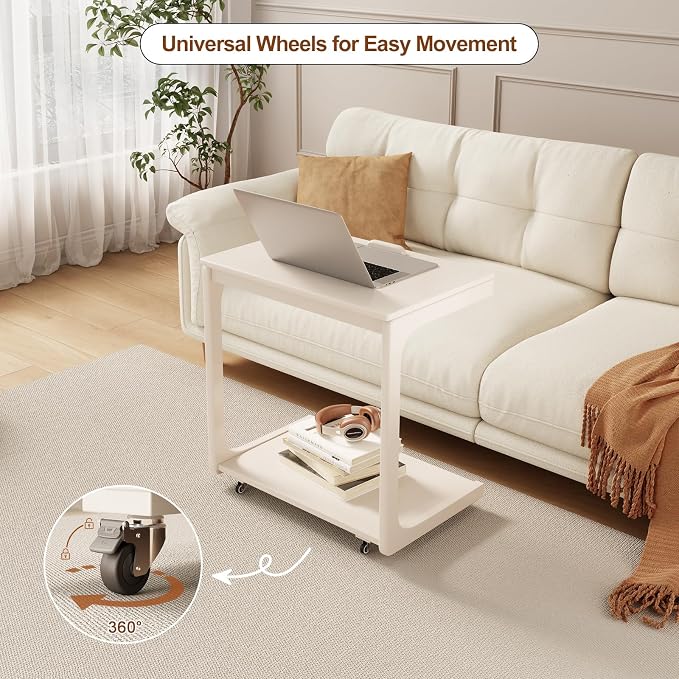 AQIMUELE Wooden C-Shaped End Table,Couch Table with Adjustable Desktop,Small Rolling Side Table with 2 Lockable Wheels 23.6" Width,Small End Table for Couch, Living Room,Bedroom (White) - Image 4