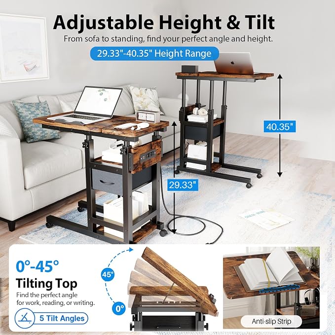 Adjustable Overbed Bedside Table with Wheels, Charging Station - Image 3