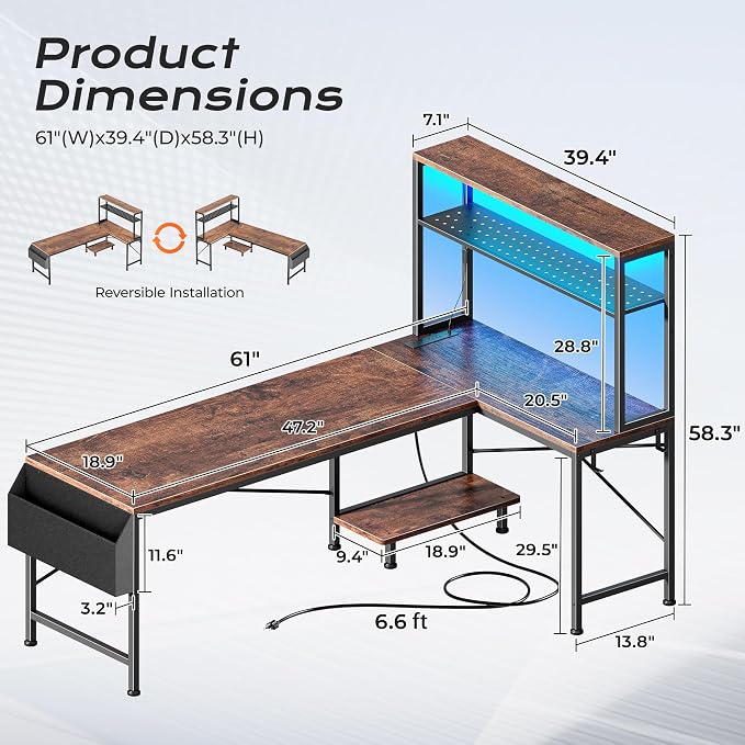 PRAISUN L Shaped Gaming Desk with LED Lights & Power Outlets | Reversible Computer Desk with Storage Shelves & Bag, Large Corner Home Office Desk for Work from Home, Rustic Brown - Image 2