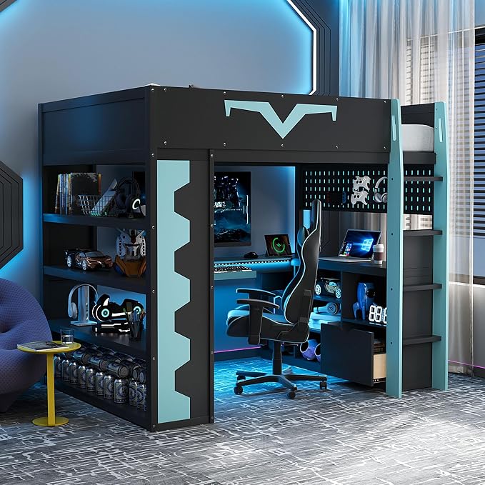 Merax Full Size Gaming Loft Bed with Desk and RGB LED Lights, Pro-Gamer Bed with Power Outlet, Large Bookshelf, Pegboard, Keyboard Tray & Drawer, Blue by Merax