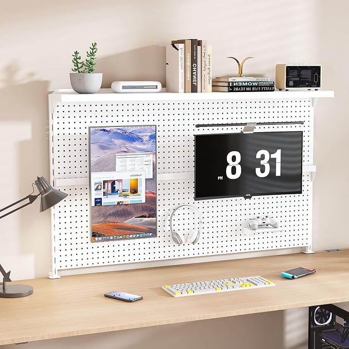 Clamp-On Metal Desk Pegboard with Dual Monitor Stand–No Drilling Needed! 59x35 Inch Steel Privacy Panel with Hooks & Movable Partition, Peg Board Wall Organizer for Gaming & Office - Image 3