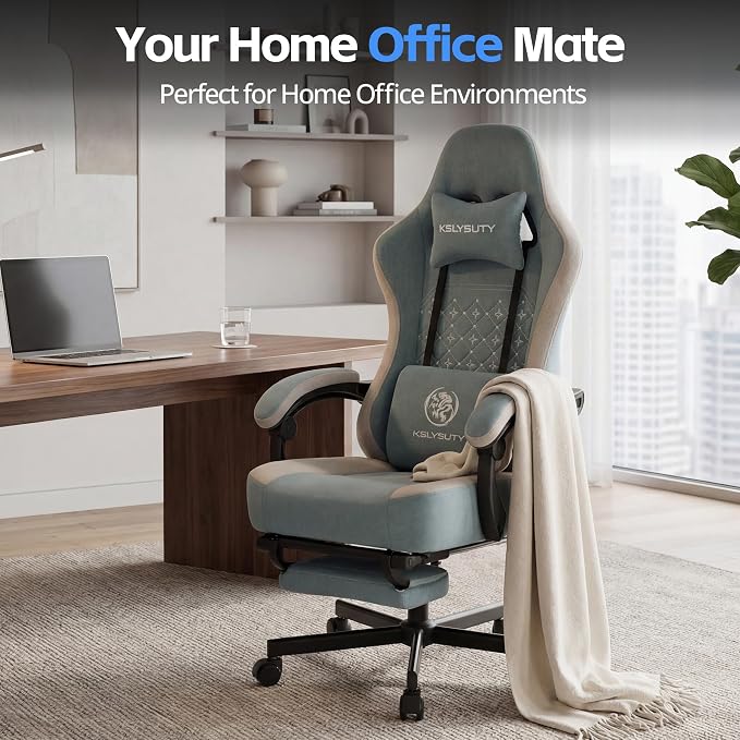 Desk Computer Gaming Chair - Ergonomic Game Office Chair with Extended Footrest and Massage Lumbar Support, Home Gamer Video Game Chairs with Spring Cushion for Adults (Pro Blue Fabric) - Image 9