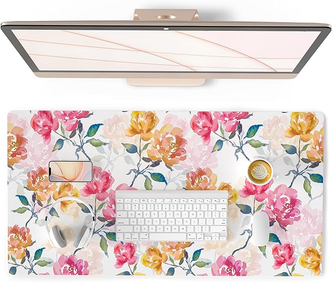 QiyI PU Leather Large Mouse Pad, Office Desk Mat, 31.5" x 15.7", Peonies | Desk Décor Accessories, Extended Size, Waterproof & Easy to Clean, Smooth Surface, Non Slip Desk Organization by QIYI