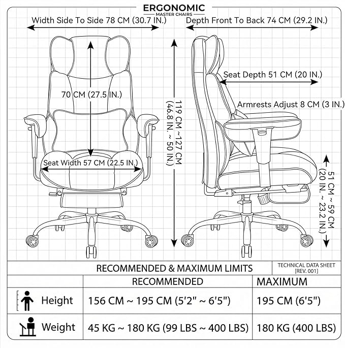 Efomao Executive Office Chair 400lbs, Black Big and Tall Desk Chair | Mattress-grade pocket spring cushion, sleek leather, 135° recline & footrest for computer gaming setup. - Image 3