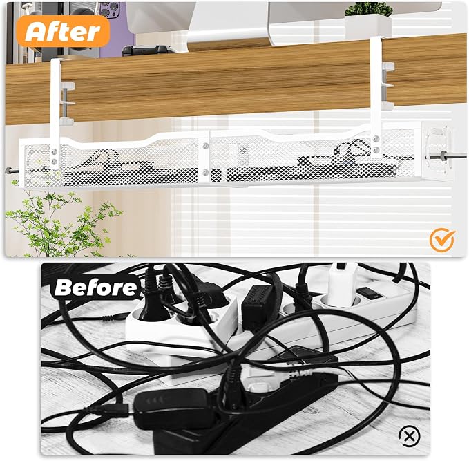 Under Desk Cable Management Tray, No Drill Steel Desk Cable Organizers, Wire Management Tray Cable Management Rack (24.4" Length-White) - Image 4