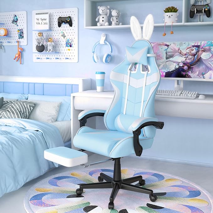 Soontrans Light Blue Gaming Chair with Footrest,Lovely Cute Bunny Computer Gamer Chair,Kawaii Desk Chair for Granddaughter,Sister,Girlfriend,Wife and Love - Image 2