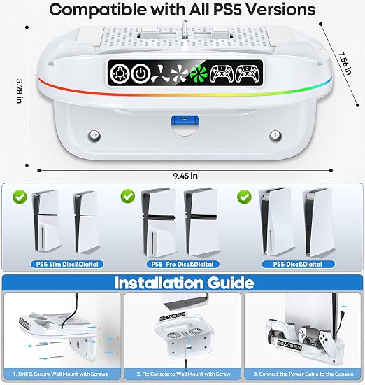 P5 Wall Mount Kit Cooling Station with Dual Controller Charger, Floating Shelf Behind TV for P5/Slim/Pro, Wall Bracket Compatible with P5 Disc & Digital, 9 RGB Lights P5 Fan Accessories, White - Image 3