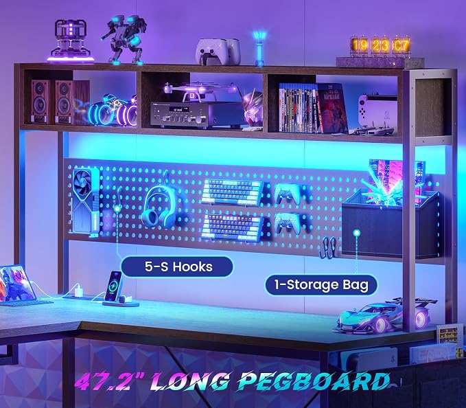 SEDETA L Shaped Gaming Desk with LED Lights and Pegboard for Home Office | Reversible 94.5" Computer Desk with Power Outlet, Keyboard Tray, Storage Shelves and Headphone Hook, Walnut Brown - Image 4
