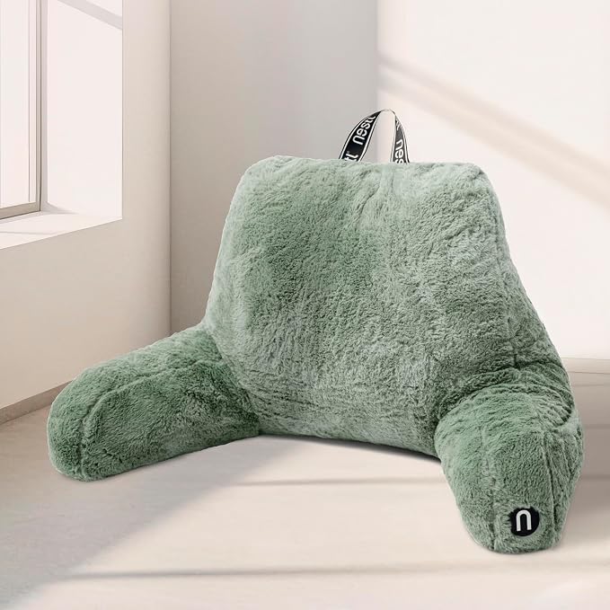 Nestl Fur Reading Pillow, Stylish Back Pillow for Bed Sitting Up, Faux Fur Bed Chair Pillow with Arms, Reading Pillows for Sitting in Bed Adult & Kids, Back Support Pillow for Bed Rest - Sage Green by Nestl