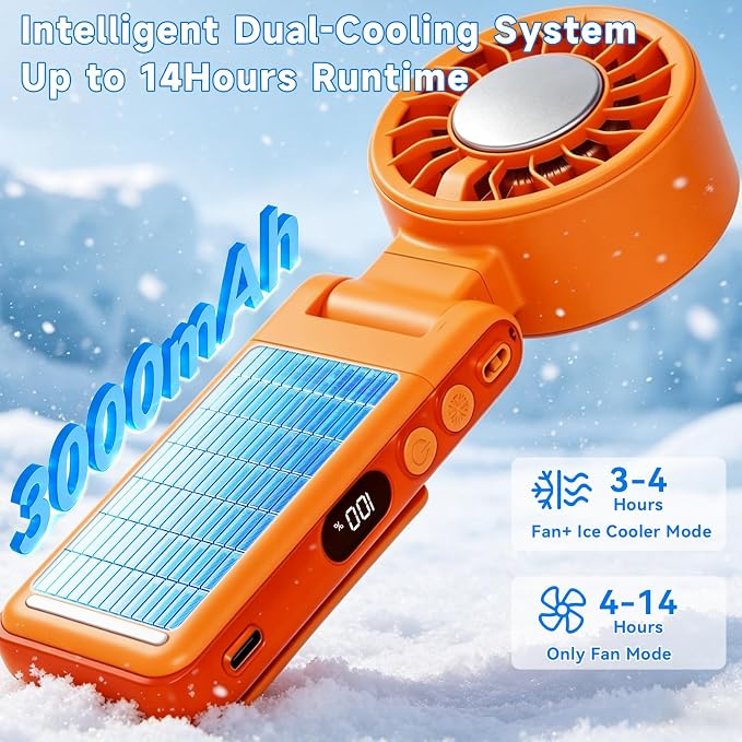 Handheld Portable Turbo Fan with Ice Cooling,5 Speed Rechargeable LED Display Foldable Hand Held Personal Clip/Neck/Waist Fan,180°& 360° Adjustable,Pocket Mini Fan for Outdoor/Home/Office (Orange) - Image 3