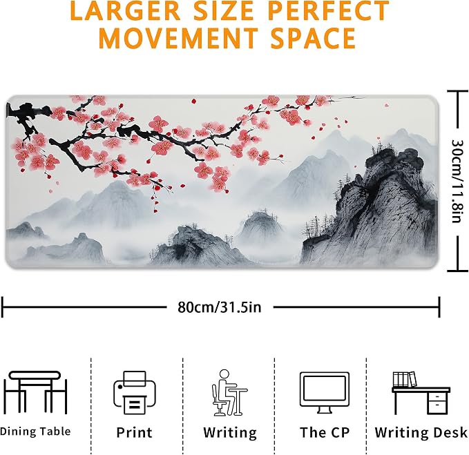 Japanese Watercolor Cherry Blossoms Desk Mat, XL 31.5"x11.8" Large Mouse Pad, Sakura Extended Gaming Mouse Mat,Non-Slip Rubber Base Waterproof with Stitched Edges for Gaming Office Home Decor - Image 3