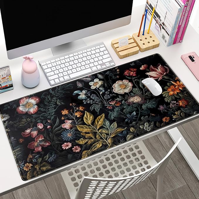 Floral Desk Mat Dark Vintage Aesthetic Desk Pad Flower Plant Black Extended Mouse Pad Large Gaming Mousepad XXL Laptop Computer Mouse Keyboard Mat 31.5 x 15.7 in for Office Desk Decor - Image 5