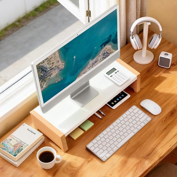 ARCOBIS Monitor Stand Riser | White Metal & Wood Computer Monitor Stand Riser for Desk, Max Load Capacity 40LB - Image 7