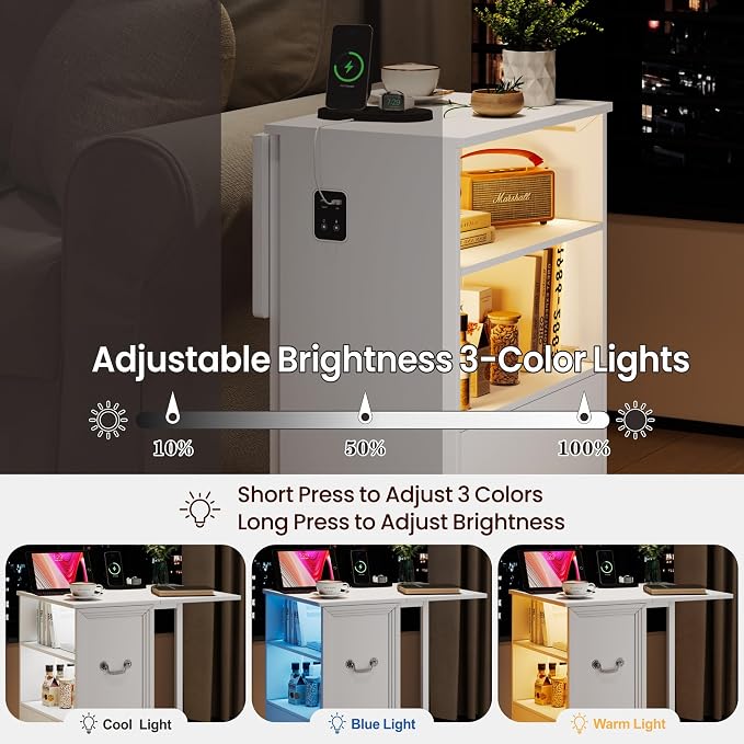 Dystler Rolling Side Table on Wheels, with Drawers & LED Lights Charging - Image 3