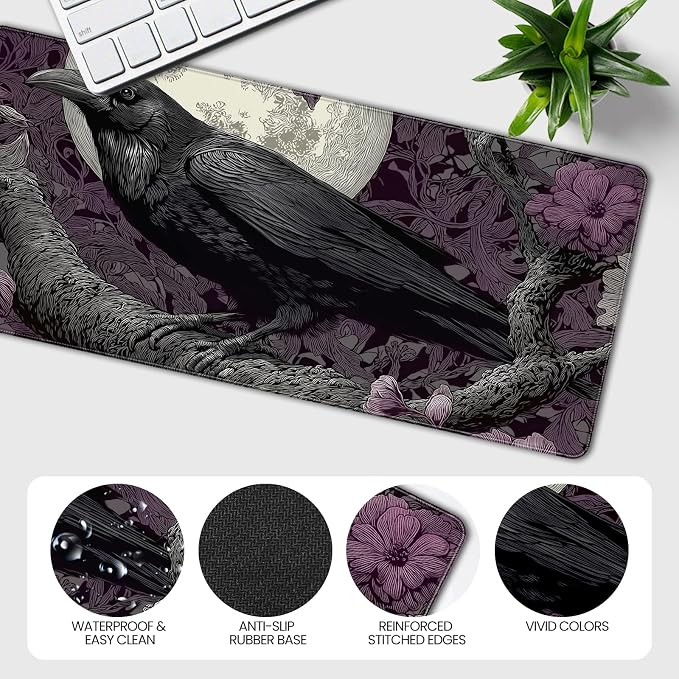 XXL Gaming Mouse Pad, Gothic Raven Moon Design with Purple Floral, 35.4 x 15.7 Inches, Non-Slip Rubber Base, Waterproof Surface，A Keyboard and Mouse Accessory Suitable for Home Gaming and Work. - Image 5