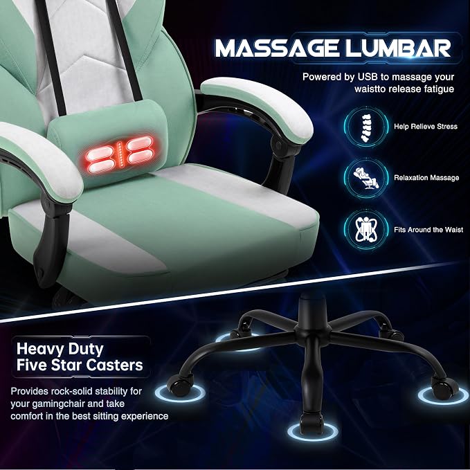 Gaming Chair for Adults with Footrest & Massage Lumbar Support, Ergonomic High Back Gamer Chair, Adjustable Swivel Computer Gaming Chairs with Headrest and Linkage Armrests,Green - Image 6