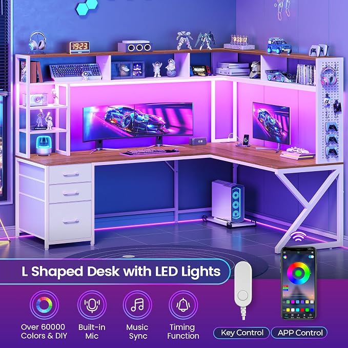 SEDETA L Shaped Gaming Desk with Storage Drawers and Hutch, Convertible 94.5" Computer Desk with Drawers, Corner Computer Desk with Power Outlet, LED Lights, Pegboard for Home Office, White and Brown - Image 4