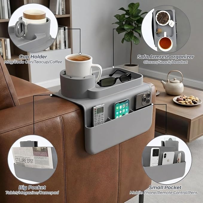 Silicone Couch Caddy Cup Holder Tray, 3-Side Sofa Armrest Organizer with Secure Gear-Shaped Locking Holder & Large Tablet Slot, Non-Slip Weighted Armchair Caddy, Couch Accessories (Grey) - Image 7