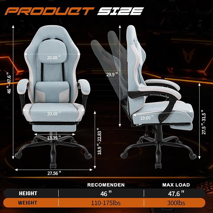 Shintenchi Gaming Chair, Ergonomic Office Chair with Footrest, Lumbar Support and Linkage Armrests, Swive Home Video Game Chairs for Adults, Blue - Image 3
