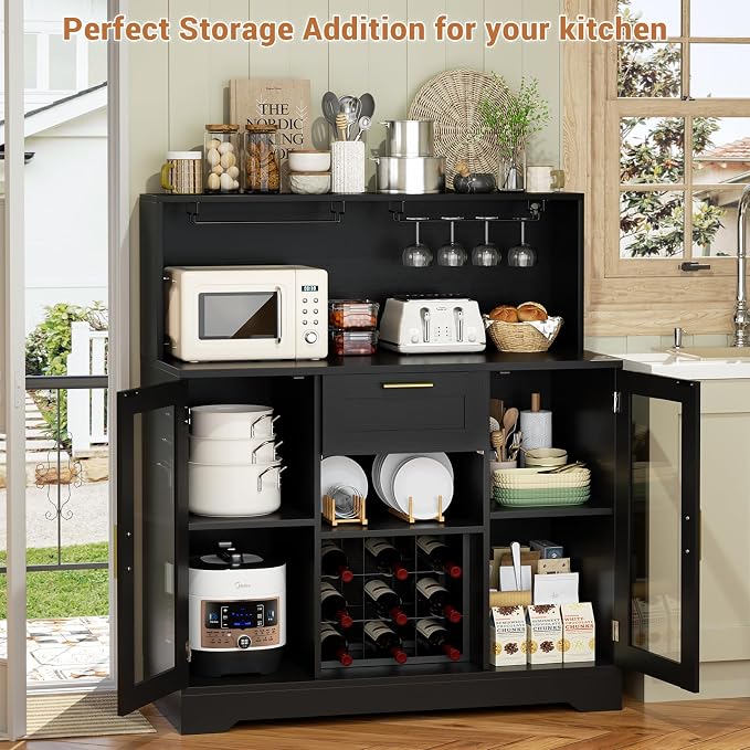 Unikito Coffee Bar Cabinet with LED Light and Storage Hutch, Black - Image 7
