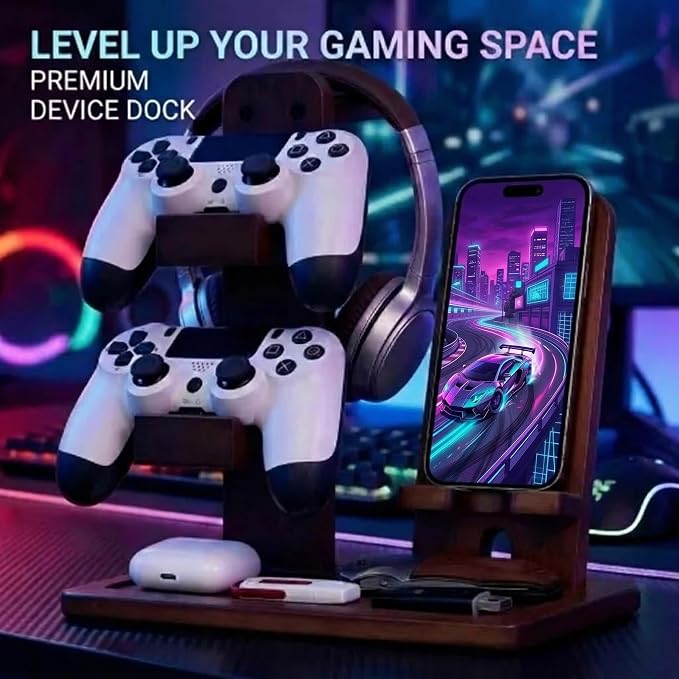 Wooden Headset Controller Stand Controller Holder Gamer Gifts | Controller Stand for Desk | Gaming Controller Organizer Rack, Fits Gamepad, Xbox, PS4, PS5, Gift for Son, Husband, Boyfriend - Image 5