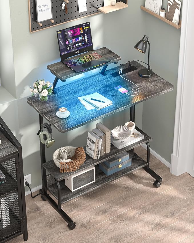 Height Adjustable Standing Desk with Power Outlets and LED Lights - 32" Manual Stand Up Desk with Monitor Stand and Storage Shelves Small Mobile Rolling Computer Desk Portable Laptop Table, Grey Oak - Image 2