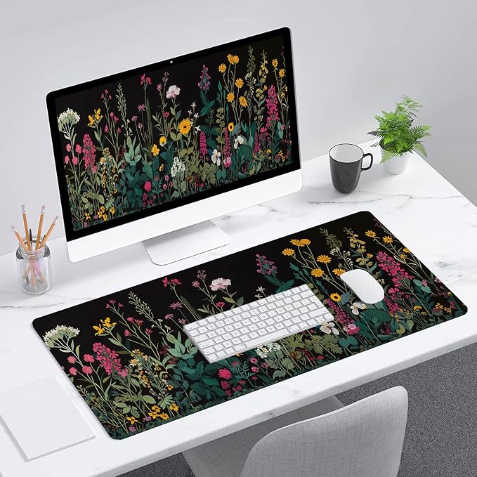 Floral Desk Pad Mouse Pad Weeds Flower Aesthetic Wildflower Mousepad XL Large Gaming Mouse Pad Laptop Keyboard Mat Desk Pad Office Home Decor for Women Girl 31.5"x11.8" - Image 3