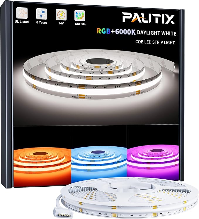 PAUTIX RGBW COB LED Strip Lights Bright 6000K Daylight White 20ft,UL-Listed Dotless LED Lights,24V Flexible Color Changing RGB Light for Game Room,Bedroom,Party(Power Supply & Controller Not Included) by PAUTIX
