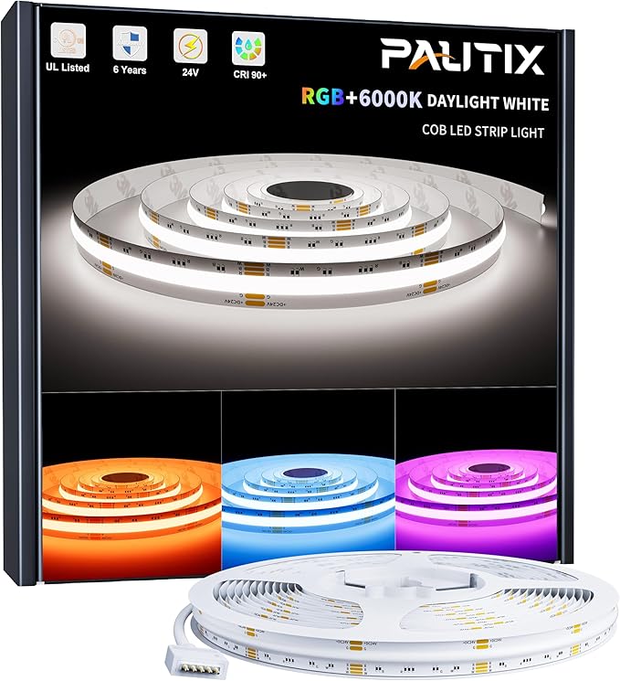 PAUTIX RGBW COB LED Strip Lights Bright 6000K Daylight White 24ft,UL-Listed Dotless LED Lights,24V Flexible Color Changing RGB Light for Game Room,Bedroom,Party(Power Supply & Controller Not Included) by PAUTIX