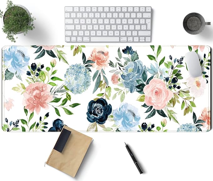 Gaming Green Desk Mat Desk Mouse Pads Purple Blue Pink Floral Mouse Pad Large, XL Big Computer Keyboard Mouse Mat Desk Pad Mat with Stitched Edge for Women Home Office Decor Deskmat 31.5x11.8 in by TENG+DA+QING
