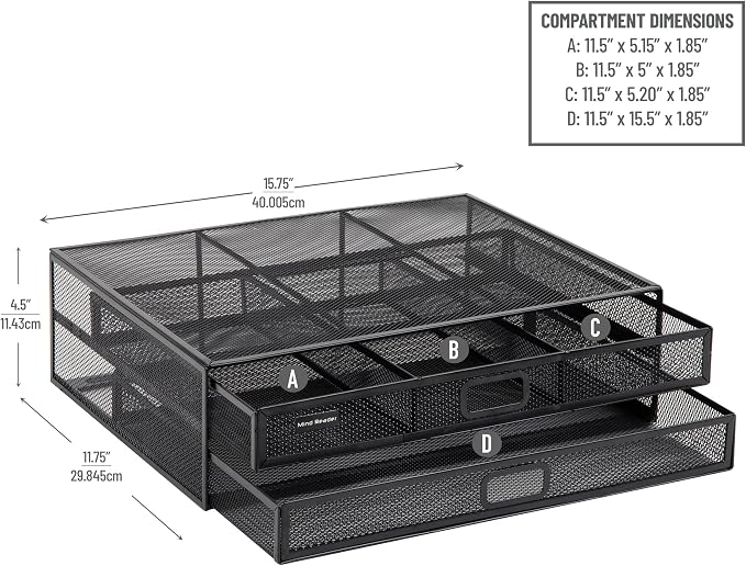 Mind Reader Monitor Stand, Ventilated Laptop Riser, Storage Drawer, Office, Metal Mesh, Black - Image 3