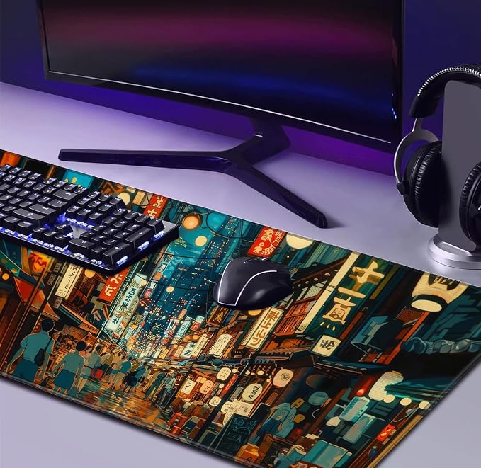 Cute Japanese Street Keyboard Desk Mat, Tokyo Night View Computer Mouse Mat | Large Extended Mouse Pad; Full Desk Coverage; Waterproof Coating; Stable Anti-Slide Base For Gaming, Office, Study Daily Use - Image 4
