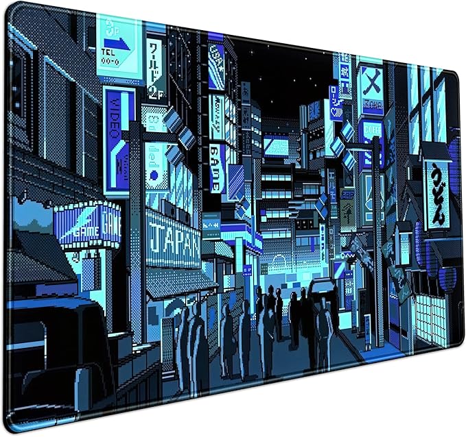 Japanese Gaming Arcade Blue Large Gaming Mouse Pad Keyboard Desk Pad Extended Mouse Pad Gaming Office Decor, Pc Laptop Mouse Pads Large (31.5x15.7 in) with Stitched Eges Non-Slip Base Mousepad XXL by Mechanical+Cattle
