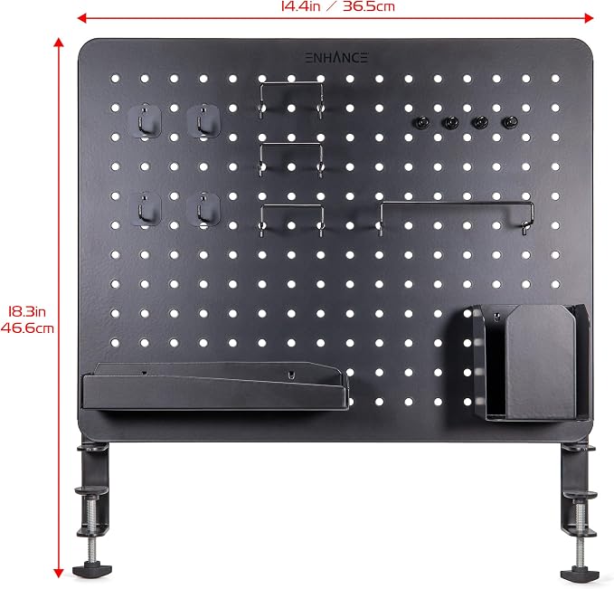 ENHANCE Metal Pegboard Desk Organizer (18 x 14 in) Clamp On Desk Peg Board with 14 Attachments, Pegboard Shelf and Pegboard Hooks, Desktop Organizer for Home Office, Crafts, or Gaming Setups - Image 2