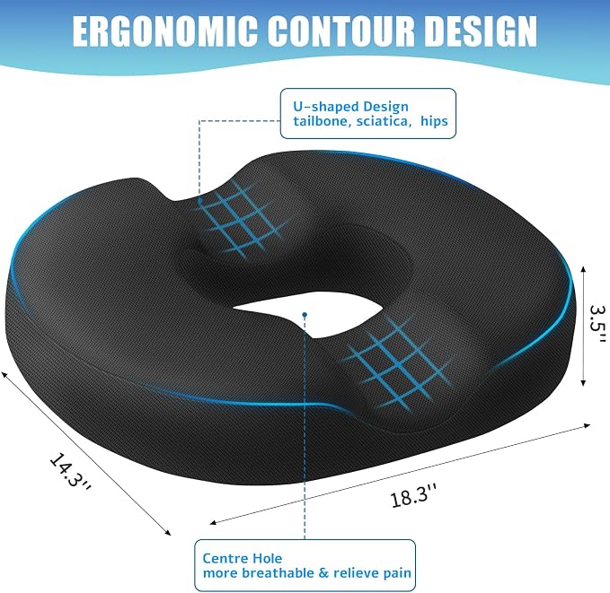 BlissTrends Donut Pillow Seat Cushion, Memory Foam Lifting Cushions | Donut Chair Cushions for Postpartum Pregnancy&Hemorrhoids,Tailbone Pain Relief Cushion for Office&Home Chairs(X-Large/Black) - Image 2