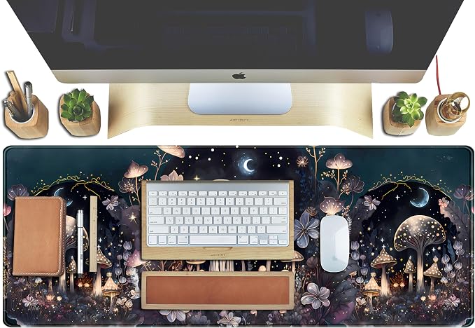 Teng DA Qing Cute Dark Mushroom Moon Night Mouse Pad XL Extended Gaming Mat with Stitched Edges, Computer Laptop Keyboard and Mouse Mat for Women Office Desk Decor, 31.5x11.8 in - Image 4