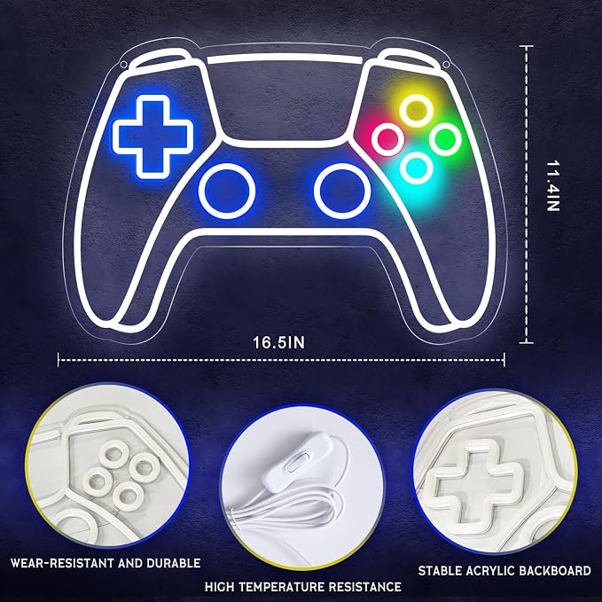 Gamer Neon Sign, Gamepad Shaped LED Neon Sign for Gamer Room Decor, Gaming Neon Sign for Boys Room Decor, Neon Gaming Sign for Gaming Wall Decor, USB Powered Gamer Gifts for Teens, Boys, Kids - Image 2