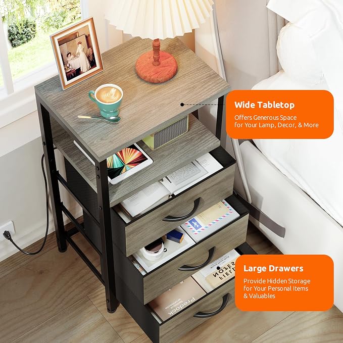 Lazzanto Night Stand with Charger Station, 3 Fabric Drawers, Grey - Image 8