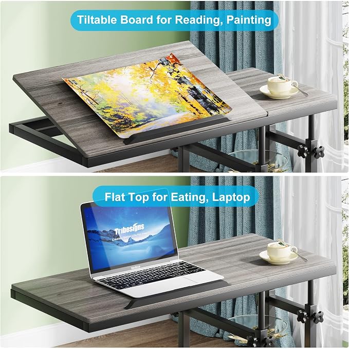 Tribesigns Height Adjustable C Table with Wheels, Mobile Couch Snack Side Table with Tiltable Drawing Board, Sofa Bedside Laptop Stand C Shaped TV Tray with Storage Shelves (Grey) - Image 7
