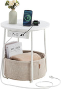 VASAGLE Side Table with Charging Station,Fabric Basket, Round End Table by Unknown