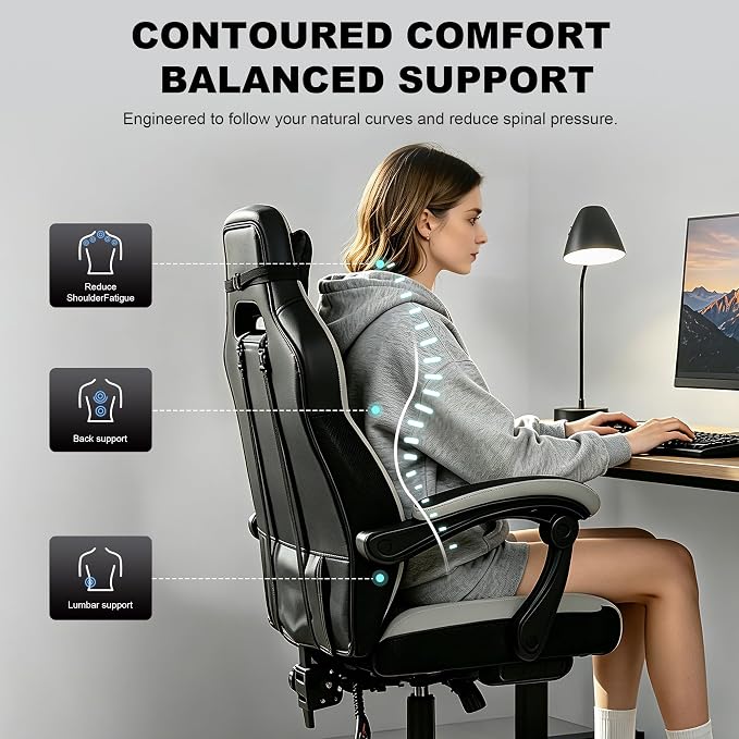 Big and Tall Gaming Chair,400lbs Heavy Duty Office Chair with Footrest, PU Leather High Back PC Desk Chair, Linkage Armrests & Reinforced Steel Frame,Grey - Image 4