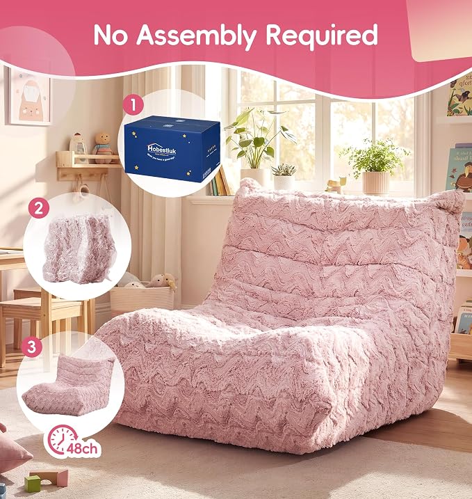 Hobestluk Medium Bean Bag Chairs Lounge Floor Chair BeanBag Couch Togo Sofa | Ergonomic Design,Memory Foam,No Assembly,Faux Fur Fireside Chair Back Support for Reading Classroom | Pink Chevron Medium - Image 8