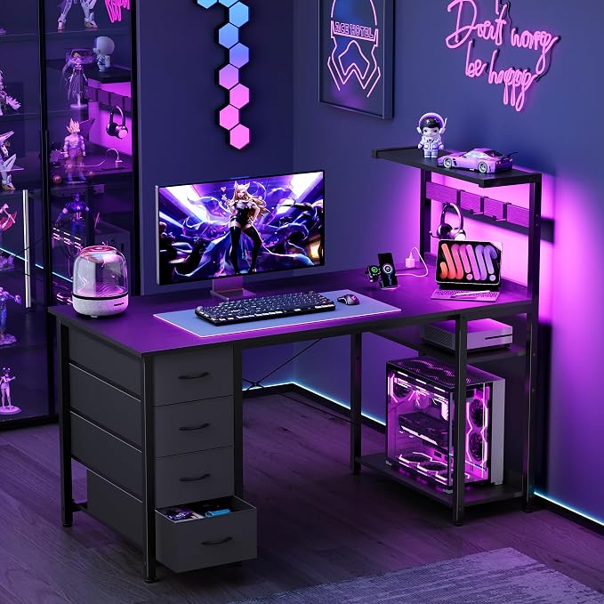 47in Gaming Computer Desk with Drawers & Storage Shelf & Iron Hook, Black - Image 2