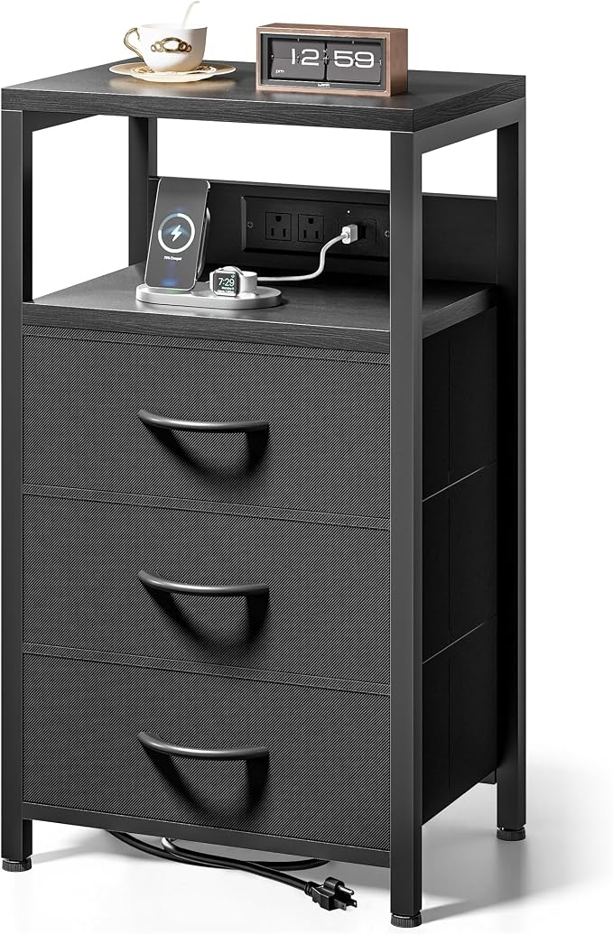 Lazzanto Night Stand with Charger Station, 3 Fabric Drawers, Black by Lazzanto