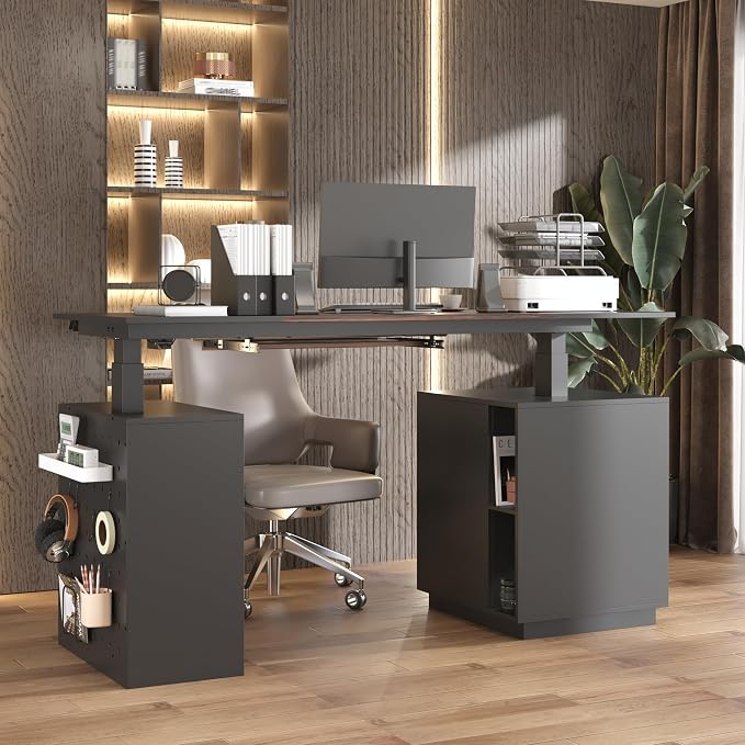 63" Electric Standing Desk with Lockable Drawer, Pegboard and Keyboard Tray, Height Adjustable Stand up Desk with File Cabinet & Shelves, Home Office Computer Gaming Table, Black - Image 4