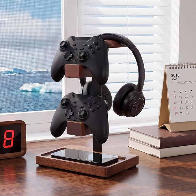 Headphone Stand with Controller Holder, Gaming Headset Stand for Desk, Walnut Headphone Holder Desk Organizer Gaming Accessories Gift for Gamers (Light Walnut) - Image 6