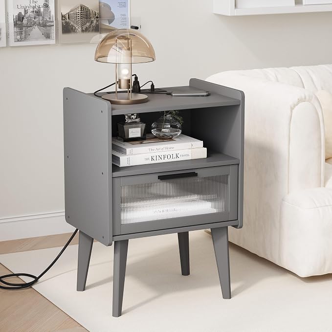 MMEOLUOOK Nightstand with Charging Station, Bedside Tables Grey End Table Side Table with 2 Tiers Storage Space, for Bedroom Living Room CAMLBZ07ZE - Image 4