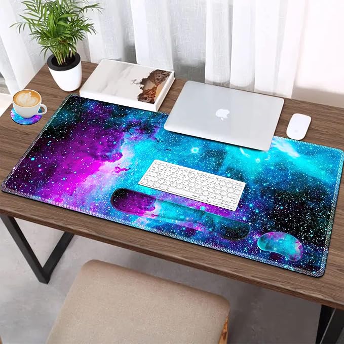 AIMSA Large Gaming Mouse Pad Set, Keyboard Wrist Rest Support Mouse Pad, Ergonomic Memory Foam Multifunctional Extended Desk Mat 35x15.7in Anti-Slip Rubber Base, Galaxy Nebula Universe - Image 6