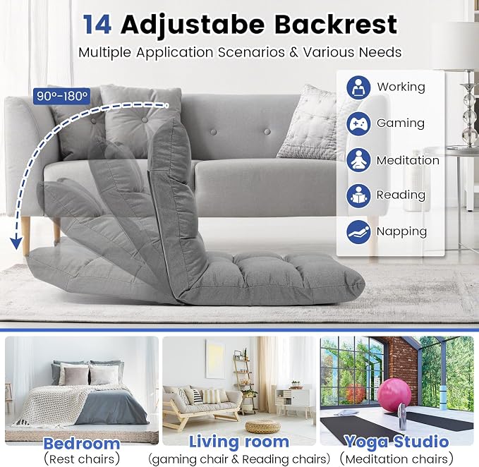 ERGOMASTER Floor Gaming Chair with Back Support 14 Adjustable Positions Folding Recliner Alloy Steel Frame High Resilience Sponge & Linen Fabric Couch Recliner for Playing Reading for Adults, Kids - Image 5